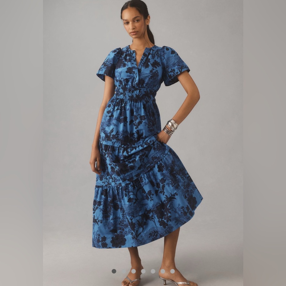 Anthropologie Somerset Blue and Black Floral Midi Dress